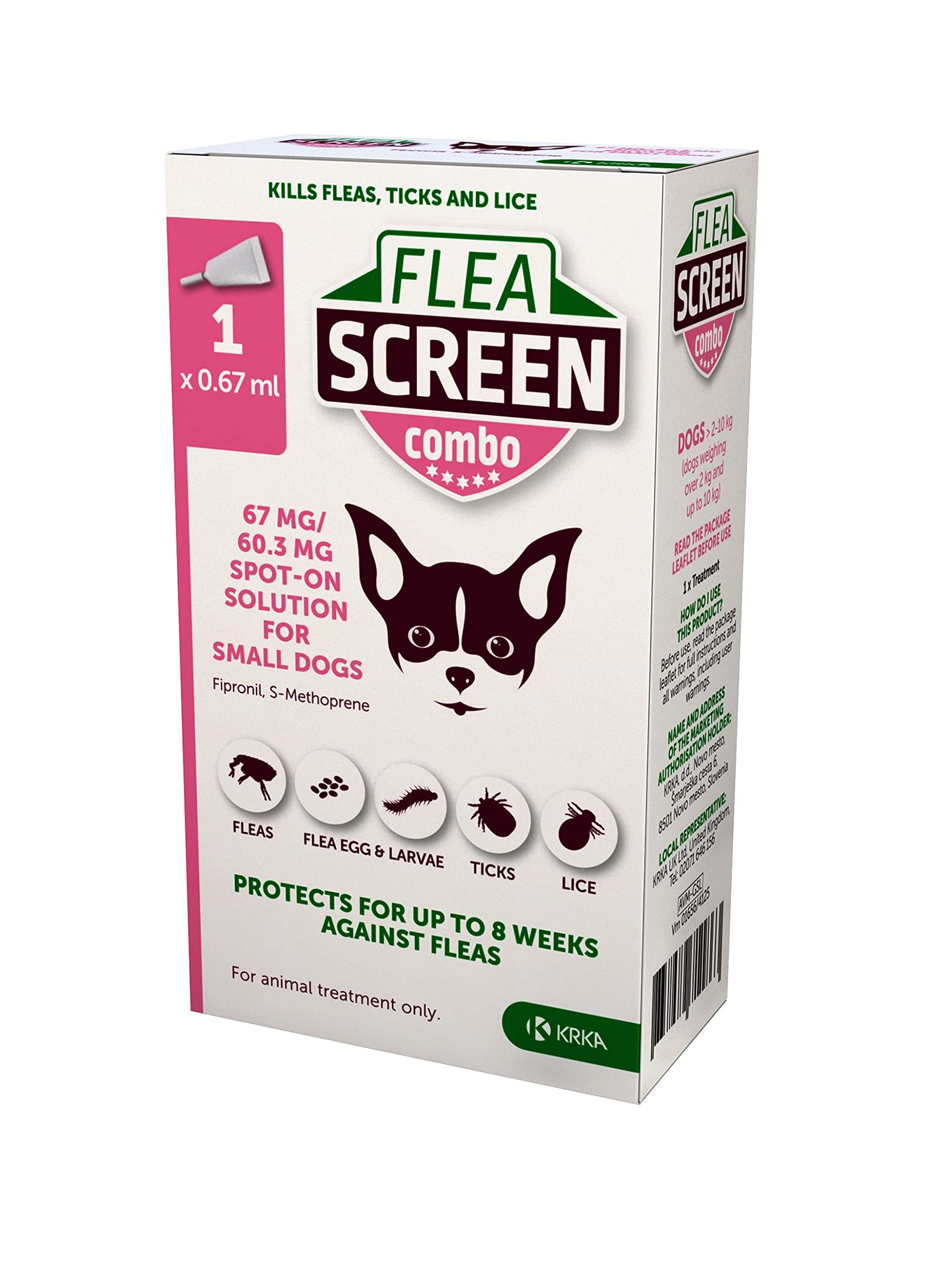 FLEA SCREEN Combo Small Dogs, 3 Pipettes - Spot-On Flea Treatment for Small Dogs & Puppies Over 8 Weeks Old (2-10kg) - Kills Fleas, Flea Eggs, Ticks - Provides Up to 8 Weeks Protection