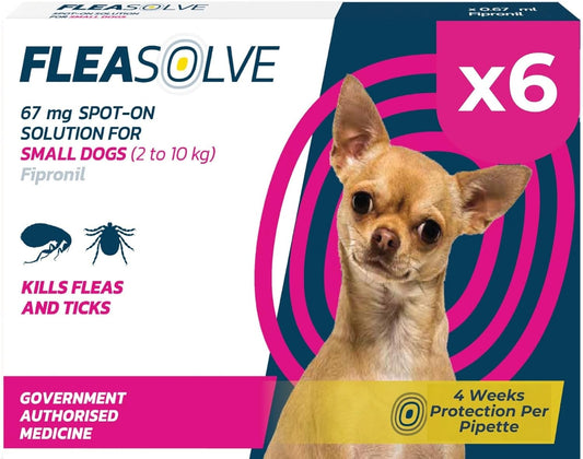 Dog Flea Treatment Small Dog x 6 - Spot on Flea Treatment for Dogs Small 2-10kg - FleaSolve Flea & Tick Solution - 6 x Pipettes - 6 x Doses