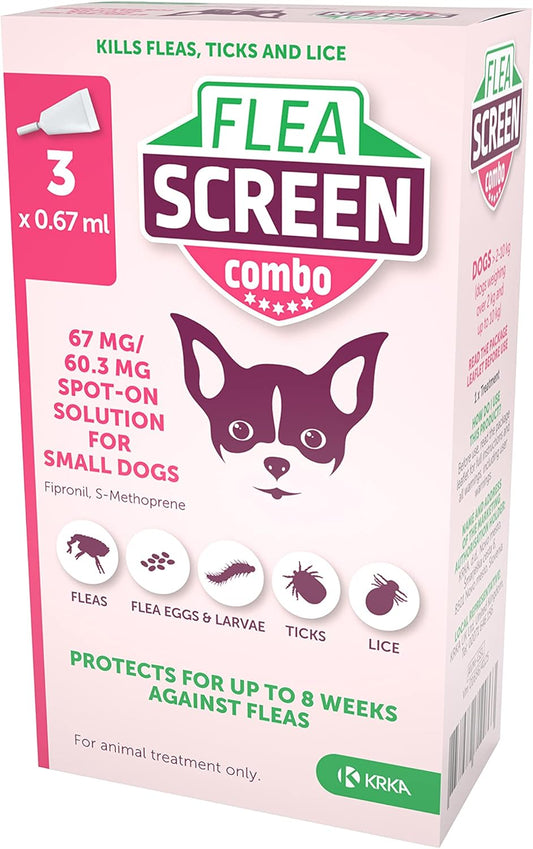 FLEA SCREEN Combo Small Dogs, 3 Pipettes - Spot-On Flea Treatment for Small Dogs & Puppies Over 8 Weeks Old (2-10kg) - Kills Fleas, Flea Eggs, Ticks - Provides Up to 8 Weeks Protection