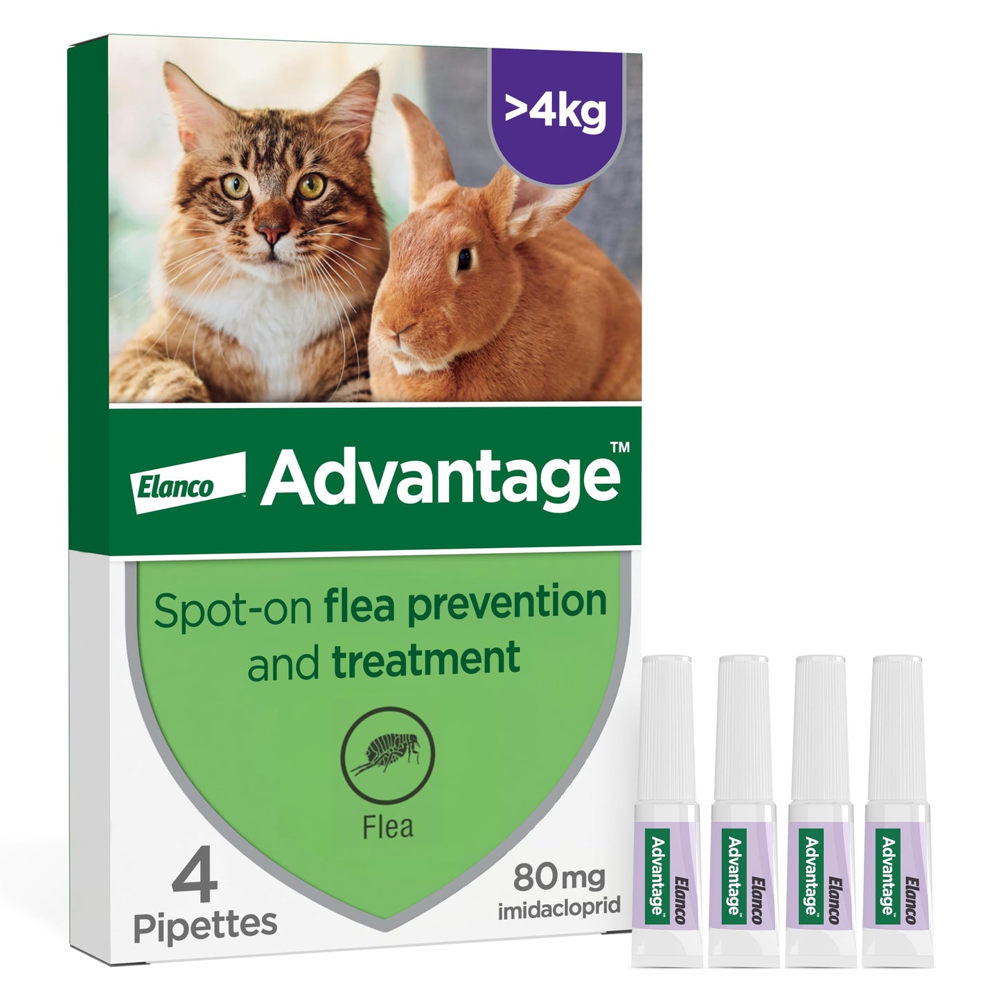 Advantage Spot On Flea Treatment For Cats, Dogs and Rabbits Under 4kg (4 pipettes, 40mg), Kills Fleas Within 24 Hours, Prevents Further Infestation For Up To Four Weeks in Cats and Dogs